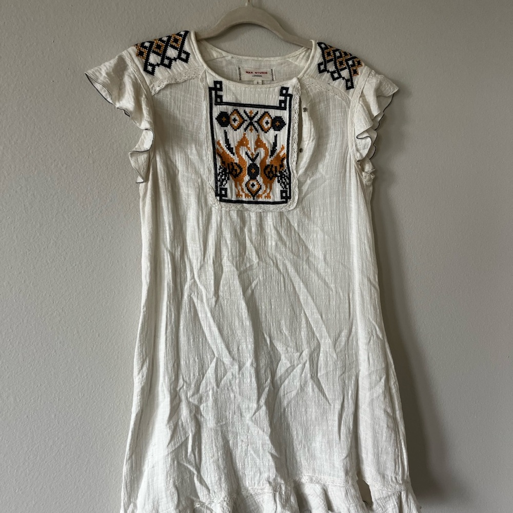 MAD STUDIO White Dress with navy & yellow design